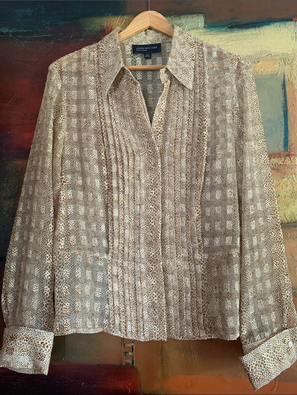 Jones New York Signature Animal Print Pleated Button Up Blouse Chiffon L